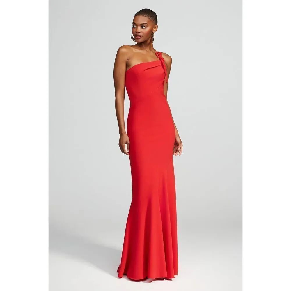 Halston Women's Red Sybil One-Shoulder Crepe Column Gown Maxi Dress Size 14 NWOT